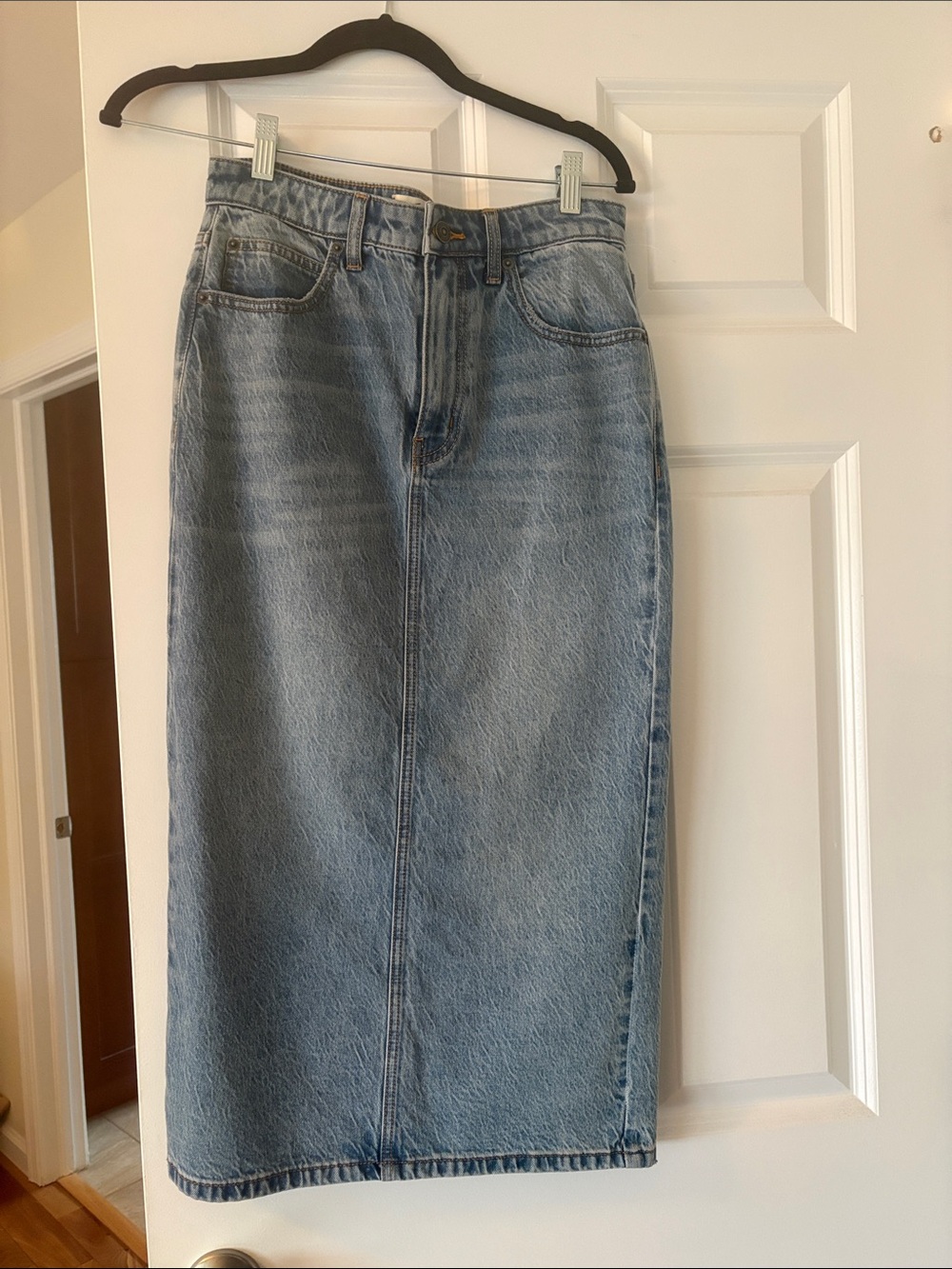 We The Free Light Blue Straight Denim Midi Skirt